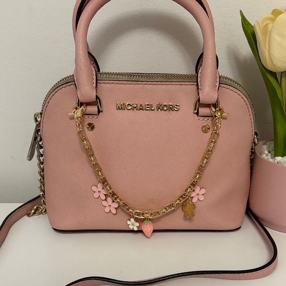 Michael Kors 💗Cindy Mini Blush Pink Satchel with Strawberry Floral Charm - Picture 3 of 8